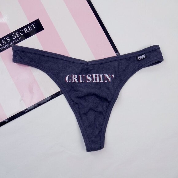 nwt PINK ribbed cotton thong with saying crushin - Picture 3 of 5